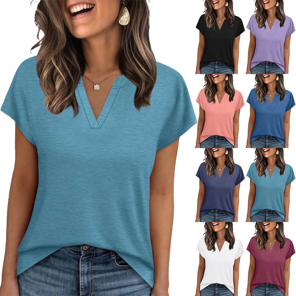 Amazon europa y Estados Unidos cross-border comercio exterior primavera verano 2026 nuevo color sólido cuello V holgado manga corta camiseta tops casuales mujeres