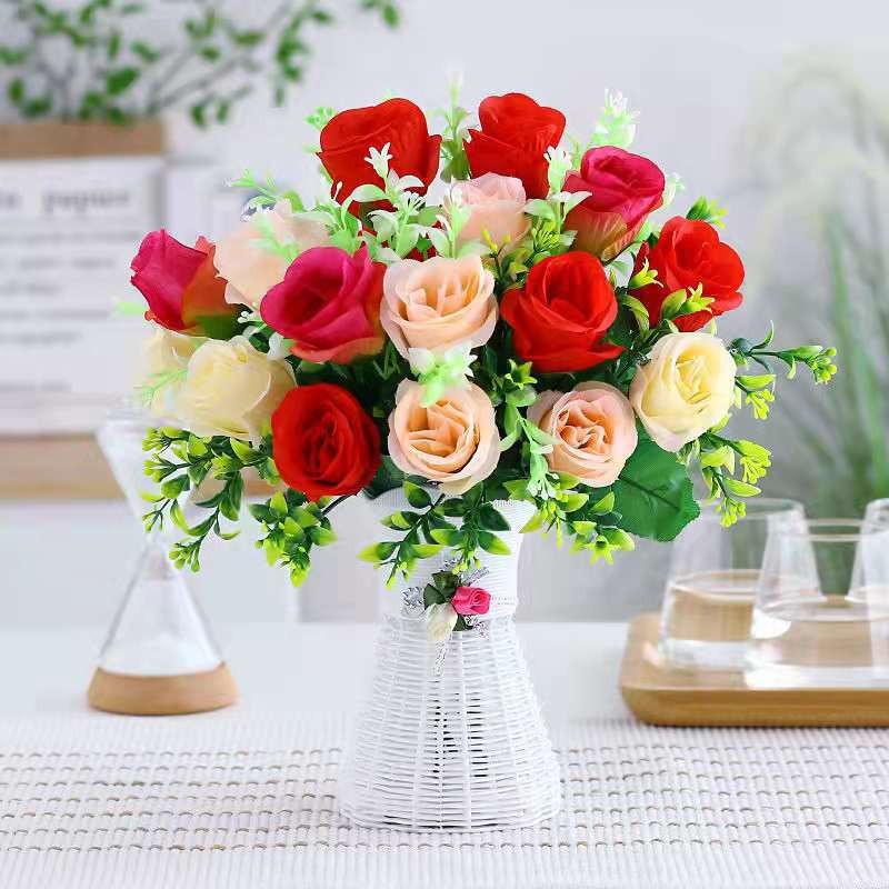 仿真花玫瑰蕾花束假花塑料花布花桃香玫瑰花桌面摆设花仿真花束