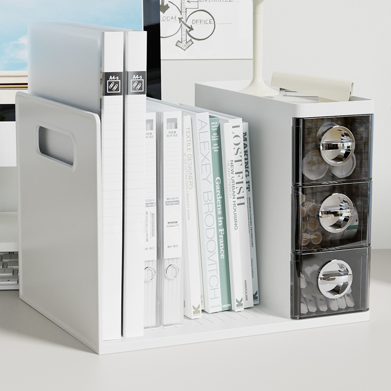 Desktop storage box, drawer-type pen holder, multi-functional bookstand for dormitory, book shelving, office desk file rack Specification image