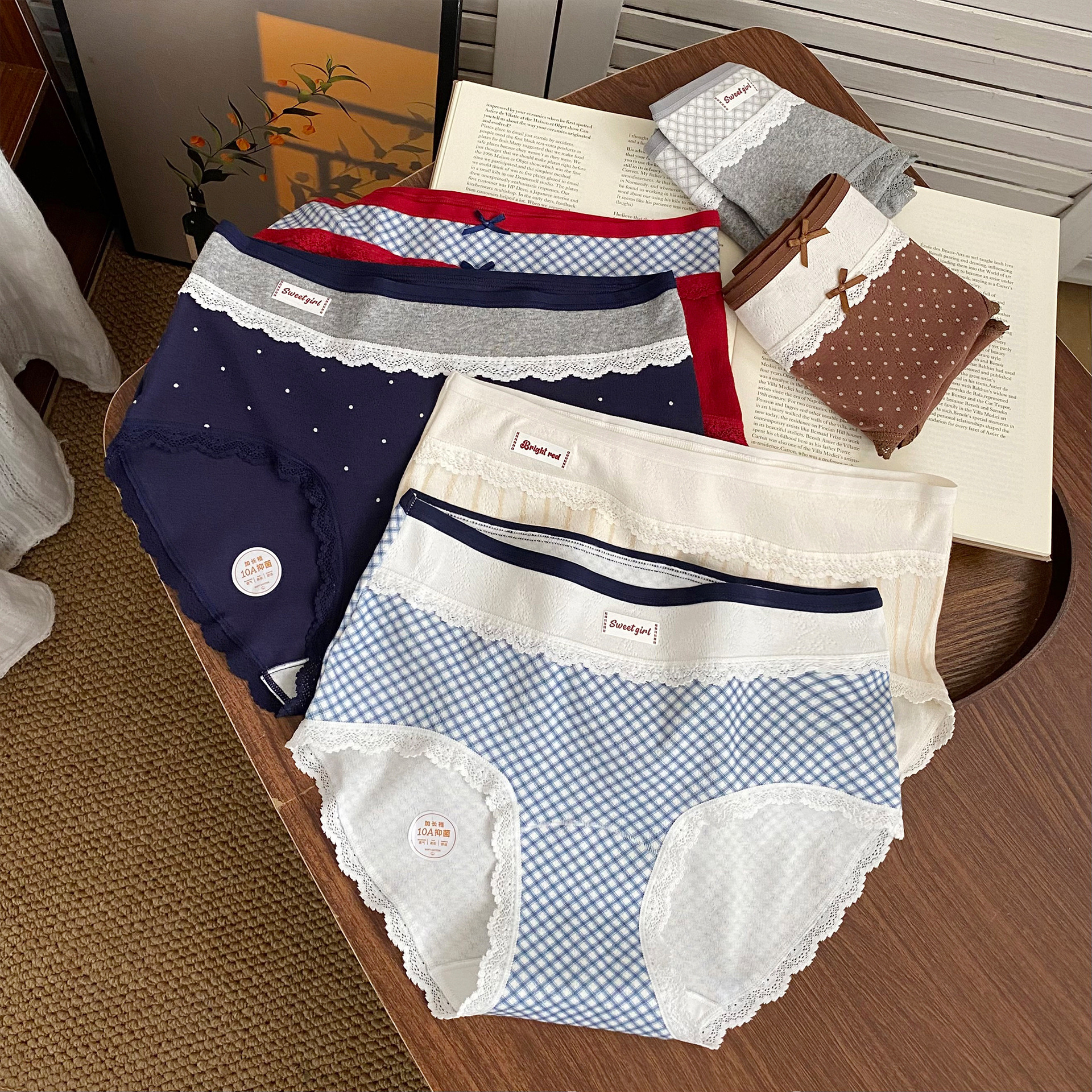 British retro style color-blocking checkered underpants for women, 10a antibacterial pure cotton crotch waist waist and hip triangle pants for autumn