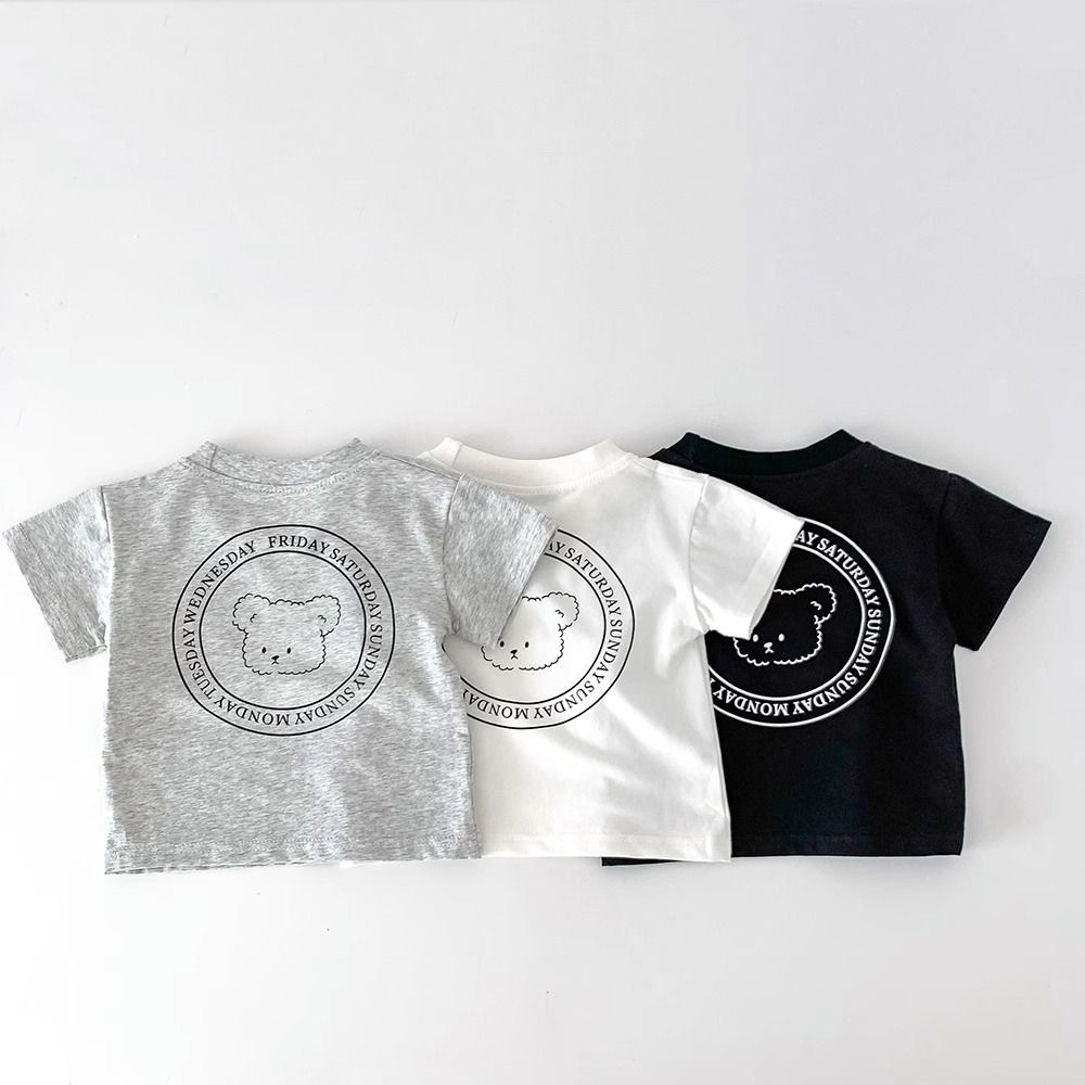 Summer pure cotton short-sleeved T-shirt for children, cartoon bear, cute round-neck top for boys and girls, and half-sleeved shirt details Picture