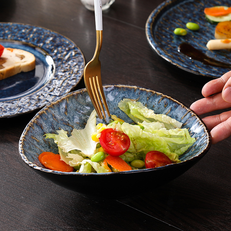 Cross-border new ceramic salad bowls, flat plates, round plates, hotel wholesale steak plates, straw hat bowls and plates, commercial plates