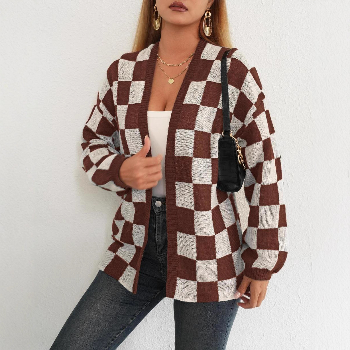 European and American women's cardigans for export, European and American women's sweaters, cross-border woolen thick checkered casual sweater jackets details Picture