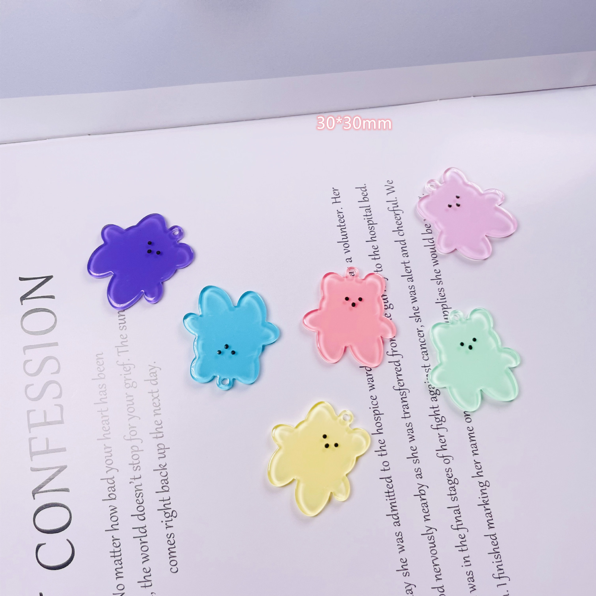 亚克力配件 DIY手机壳贴片钥匙扣挂件 带孔亮粉双面透明 小熊吊坠