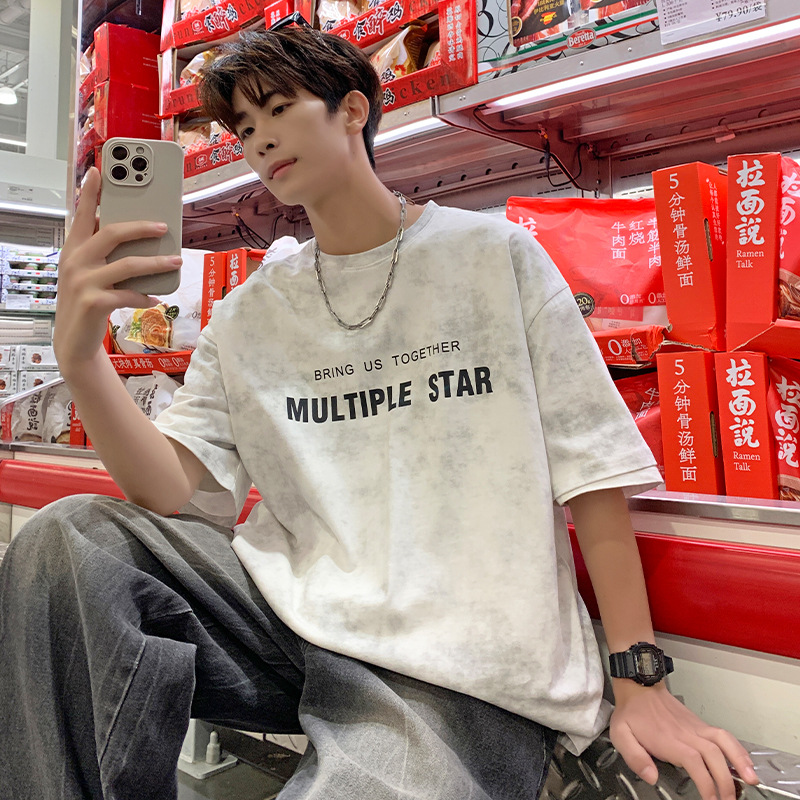 American short-sleeved T-shirt for men in summer 2025, a new trendy brand with tie-dye design, casual round neck and versatile five-quarter sleeves