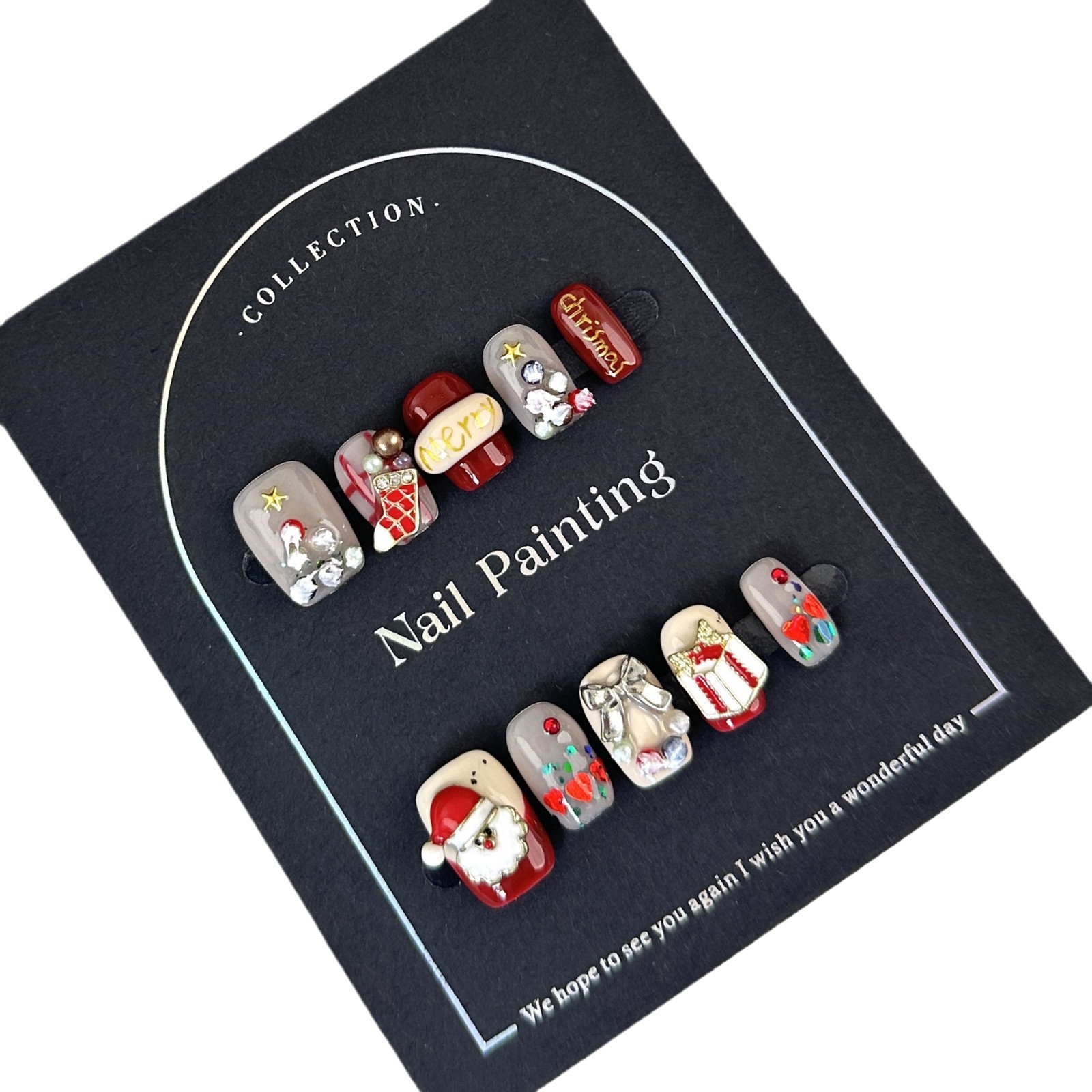 Handcrafted Christmas style cross-border wearable nail patches from Europe and America, with a high-end feel. Hand-painted autumn and winter handcrafted nail patches Item Picture