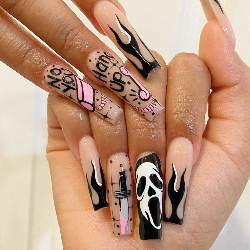 Cross-border exclusive Halloween wearable nail art patches, false nails, long ballet print pattern nail art pieces