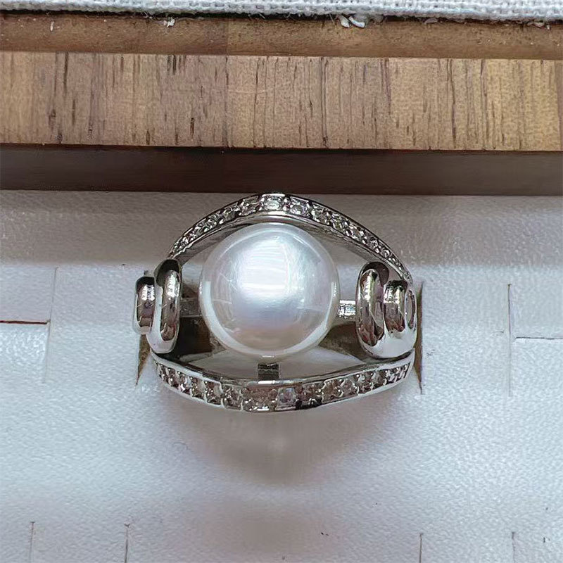 Korean high-end pearl ring, light luxury and niche design, geometric diamond-encrusted round bead, cold style open ring for women Item Picture