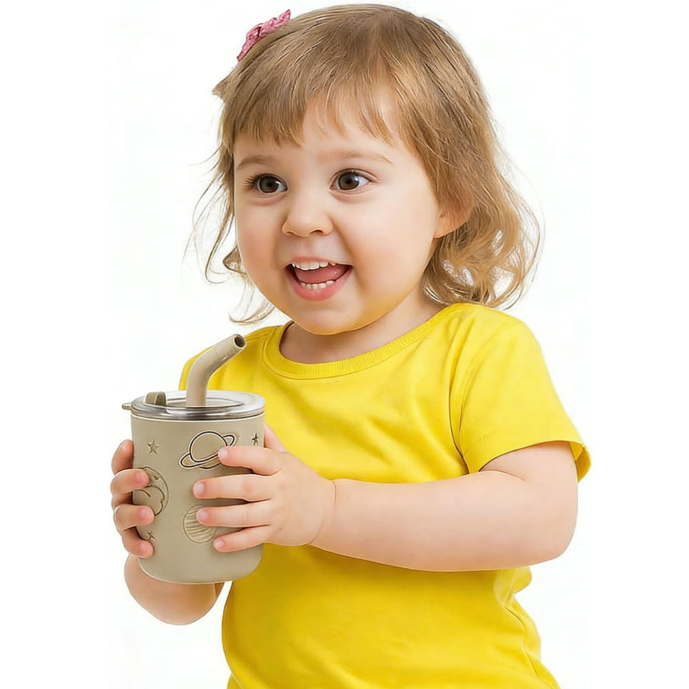 Cross-border stainless steel children's water cup with lid, straw water cup, baby with silicone sleeve, shock-resistant drinking training cup Specification drawing