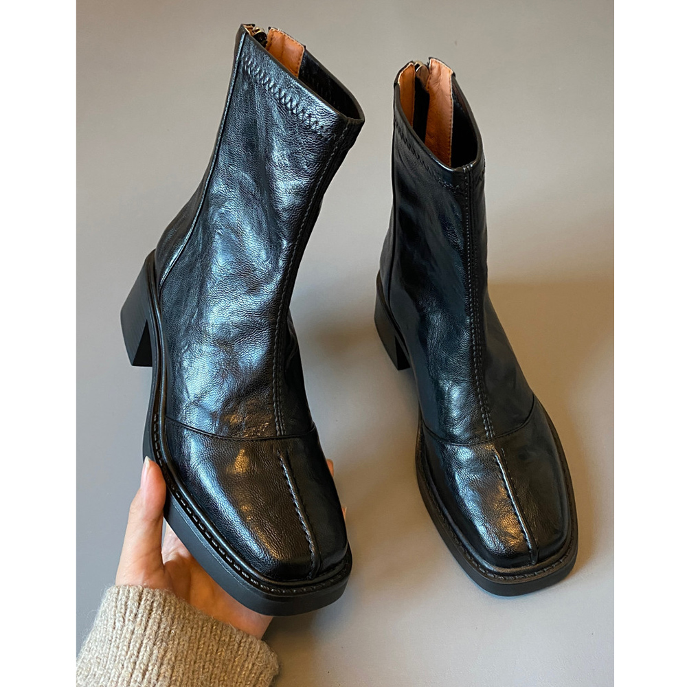 Leather square toe back zipper Dr. Martens boots for women 2025 new Spring and autumn retro commuting chunk-heeled skinny boots high-heeled short boots Application Scenario