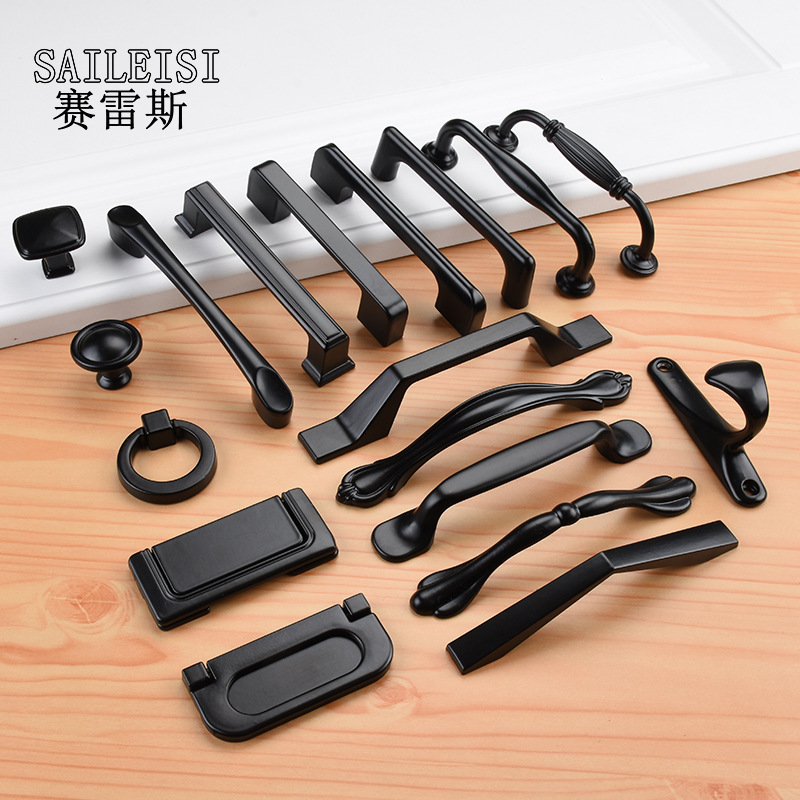Black cabinet door, aluminum alloy handle, drawer, cabinet handle, modern American and European style wardrobe, single-hole hardware handle
