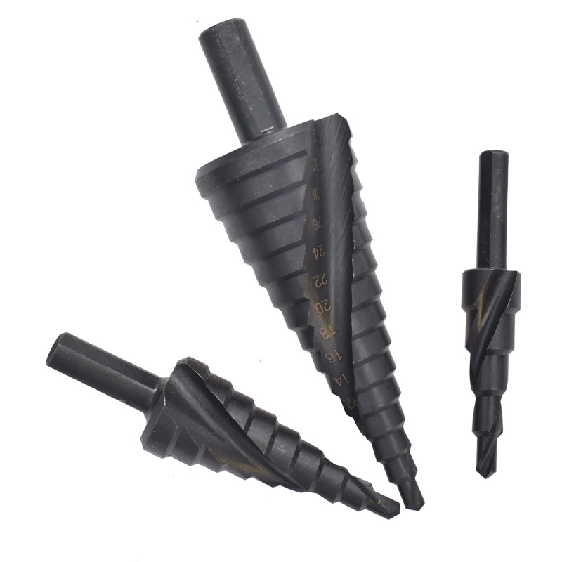 Cross-border spiral tower drill bit drilling, black nitrided step drill bit set wholesale, triangular handle reaming tool details Picture