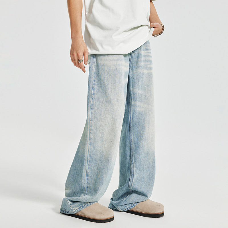 OTTB retro gradient jeans for men, American teenagers, contrasting color washed blue loose straight-leg denim men's trousers details Picture