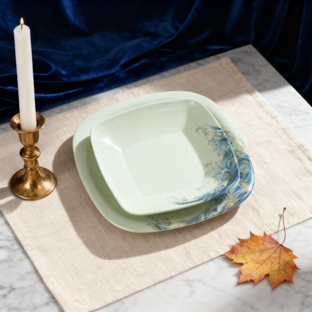 Customized melamine square rice roll plates for commercial restaurants and hotels, green stir-fried rice plates for hot pot restaurants full figure