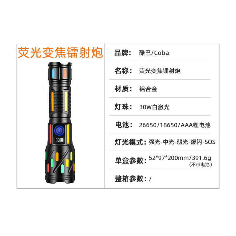 Aluminum alloy flashlight, fluorescent handheld, lightweight, strong light, long-lasting, multi-functional direct charging outdoor flashlight Specification image