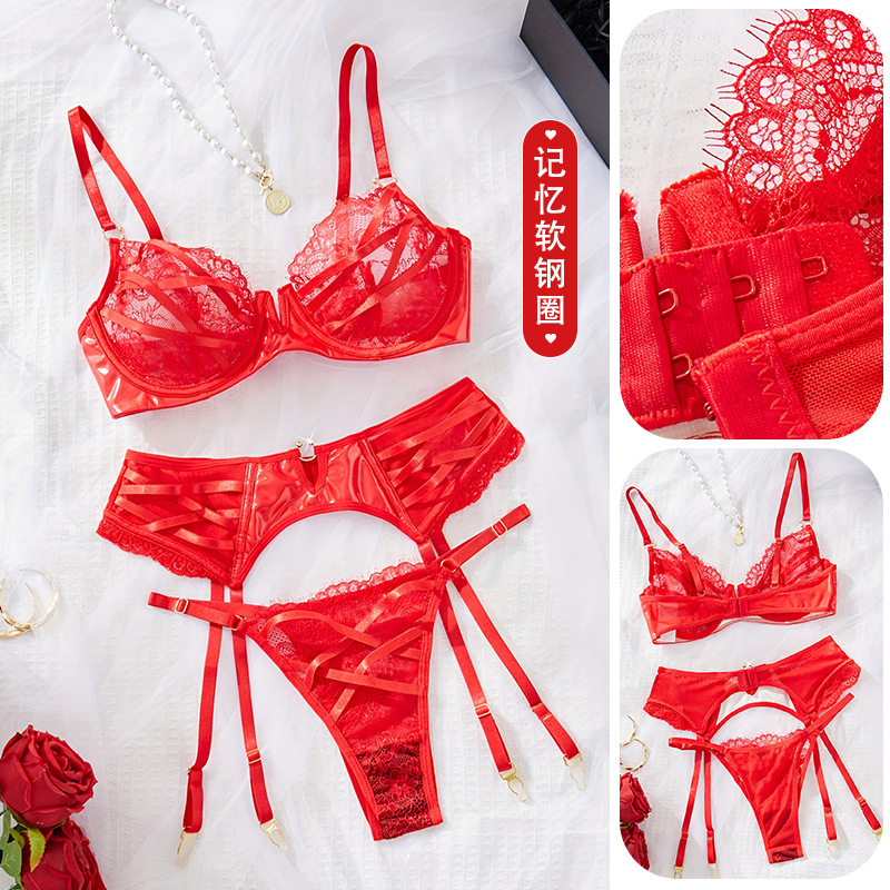 Red lace patchwork underwear three-piece set, memory soft steel ring sexy bra, underpants and garter set JR069