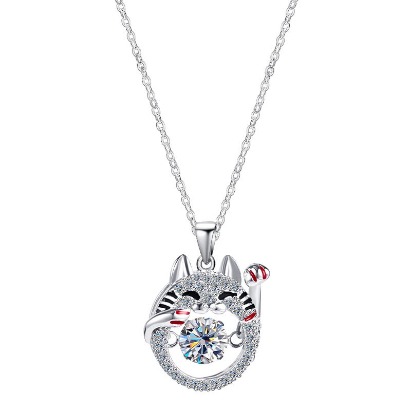 Zhuoheng Select S925 sterling Silver Beating Heart Maneki Neko Necklace, Moissanite Dynamic Necklace for Women, Totoro Collarbone Chain Necklace Application Scenario
