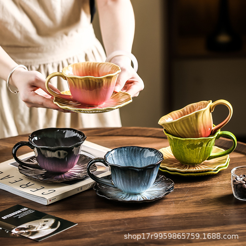 绝美创意咖啡杯高颜值精致窑变复古水杯子陶瓷杯碟套装下午茶餐具