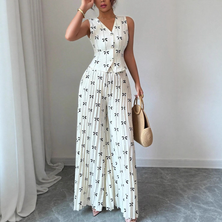 Cross-border printed waistcoat top, folded long pants set Specification drawing