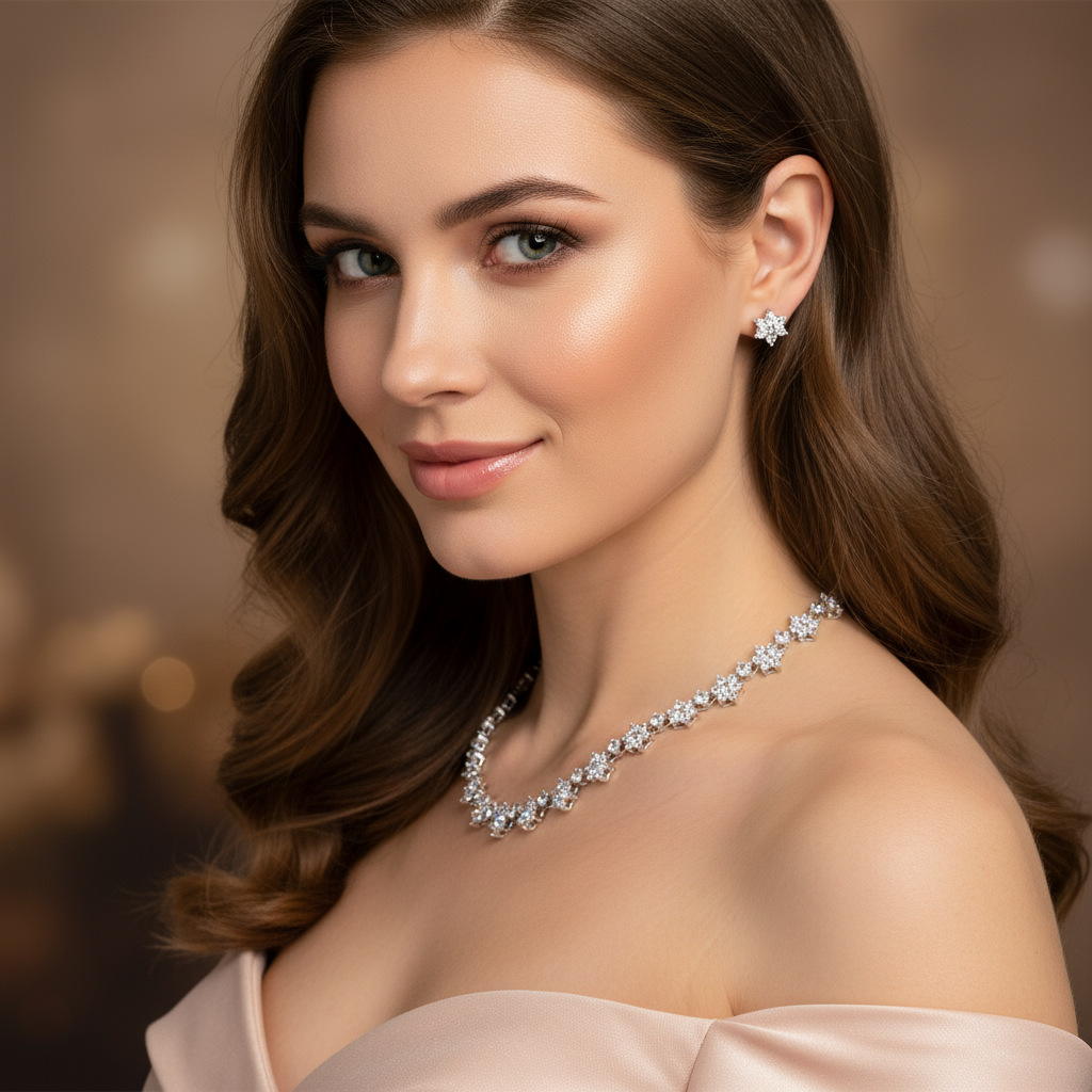 亮雅丽人繁花同款首饰两件套铜锆石项链耳钉饰品电镀真金摄影配饰