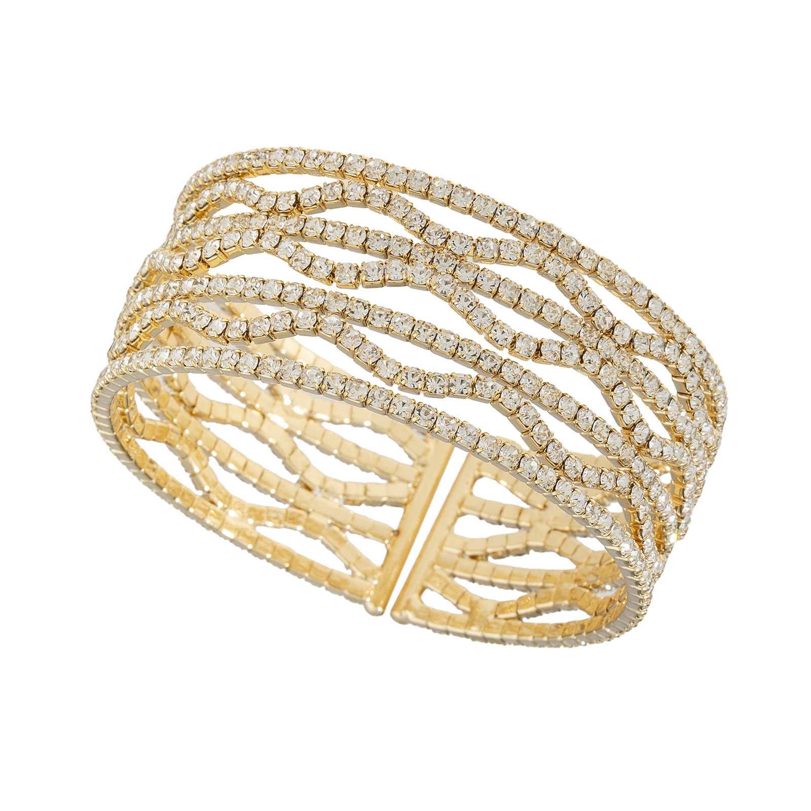 The manufacturer's new cross-border personalized and fashionable seven-row wavy rhinestone open bracelet with steel wire elastic design and diamond-encrusted shiny jewelry