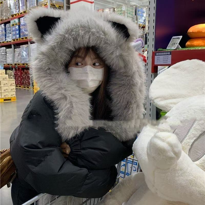 一件代发加厚毛绒绒狐狸耳朵帽子围巾一体秋冬季防寒保暖雷锋帽护颈显脸小地摊批发产品图