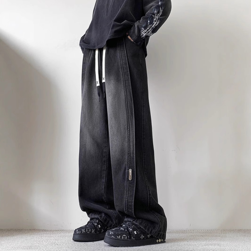 Men's autumn American high street washed jeans, plus-size trendy brand loose straight-leg men's wide-leg pants