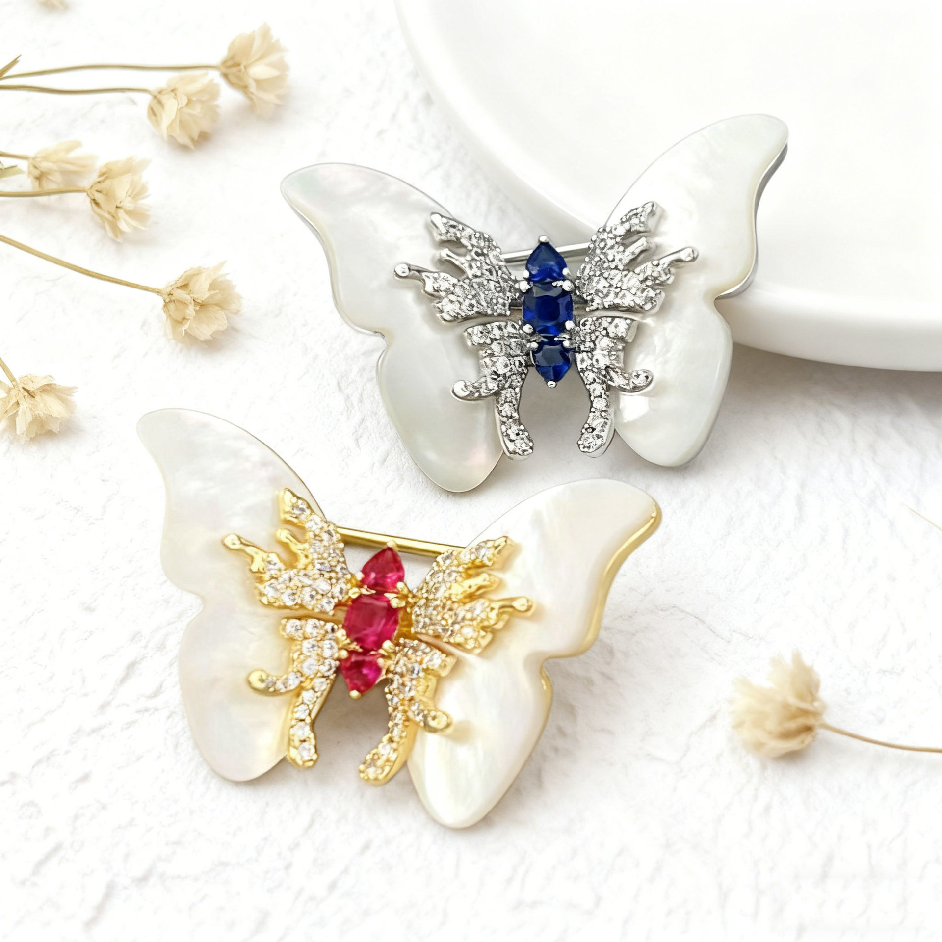 轻奢高级感天然贝母蝴蝶胸针铜合金微镶锆石真金电镀时尚优雅别针