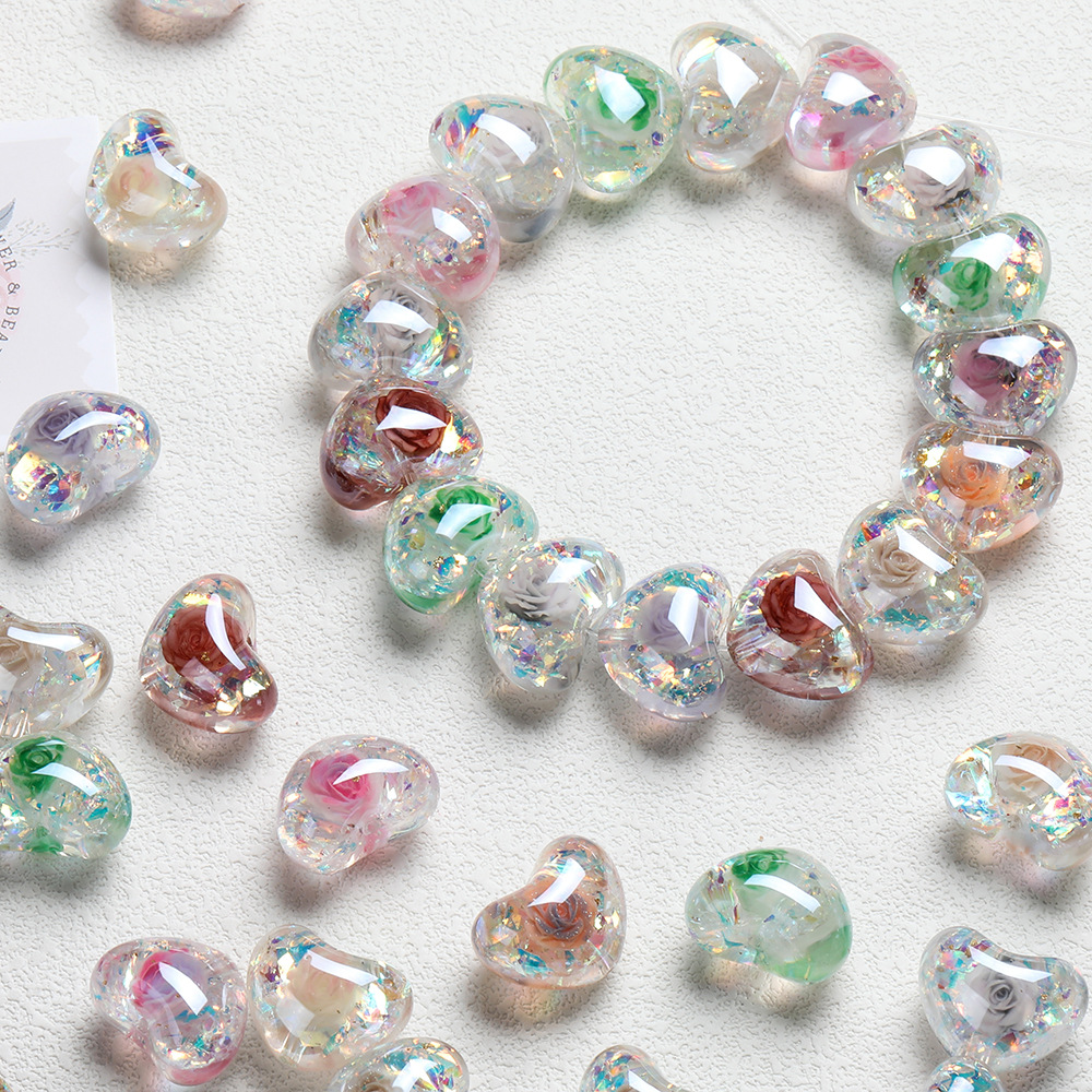 Optical rose-plated heart vertical hole with beads, electroplated resin round beads, loose beads, DIY jewelry keychain accessories details Picture