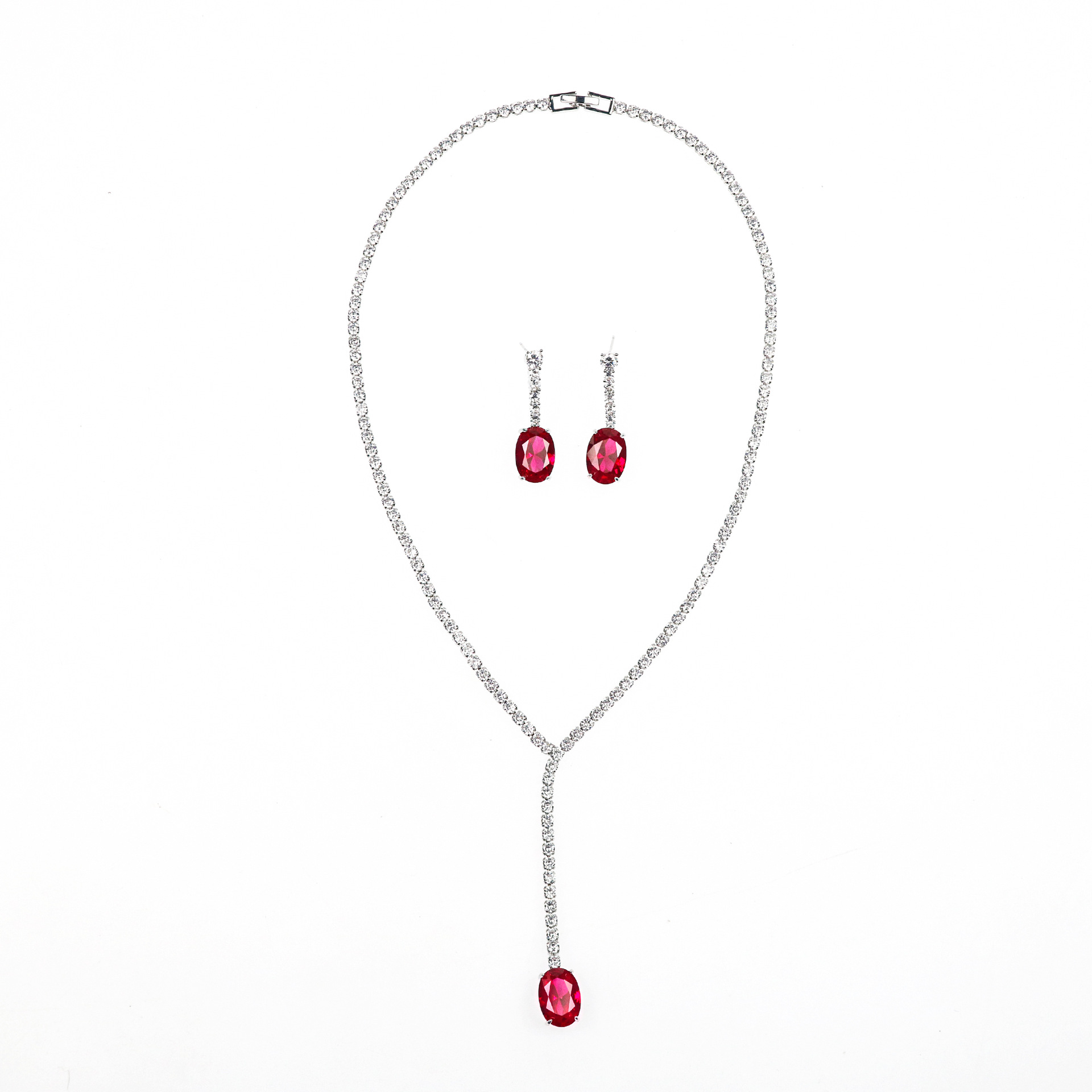 Necklace, women's colored gemstone, bride, zircon necklace, earrings, high-end jewelry set, ruby and egg surface pendant, factory approval Item Picture