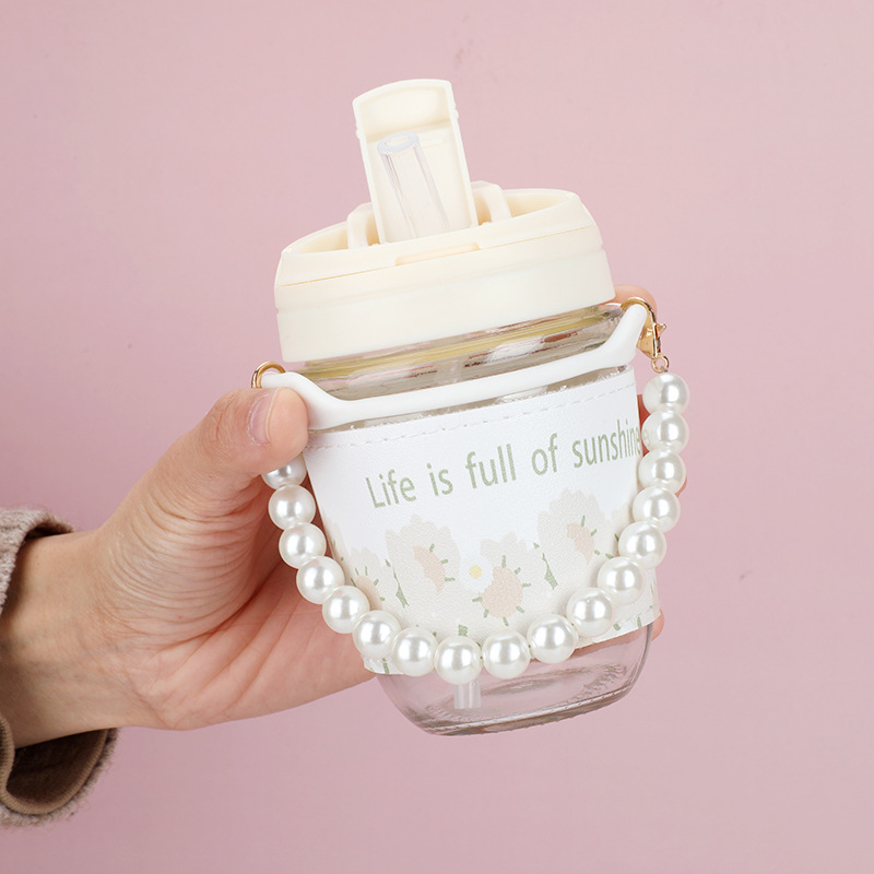 High appearance level glass water cup for girls and students, fresh and cute double-drinking cup, pearl ins style portable coffee cup Application Scenario