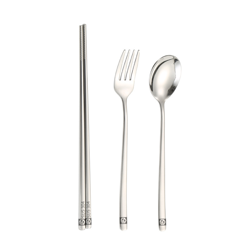 学生便捷304不锈钢勺子筷子餐具套装上班族勺叉户外便捷三件套                              白底实物图