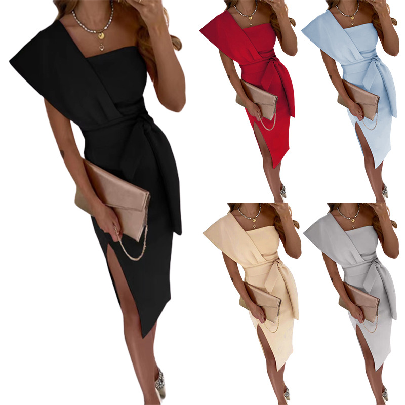 2023 Amazon European and American style solid color single-shoulder off-the-shoulder tie waist-cinching mid-length slim slit dress for women full figure