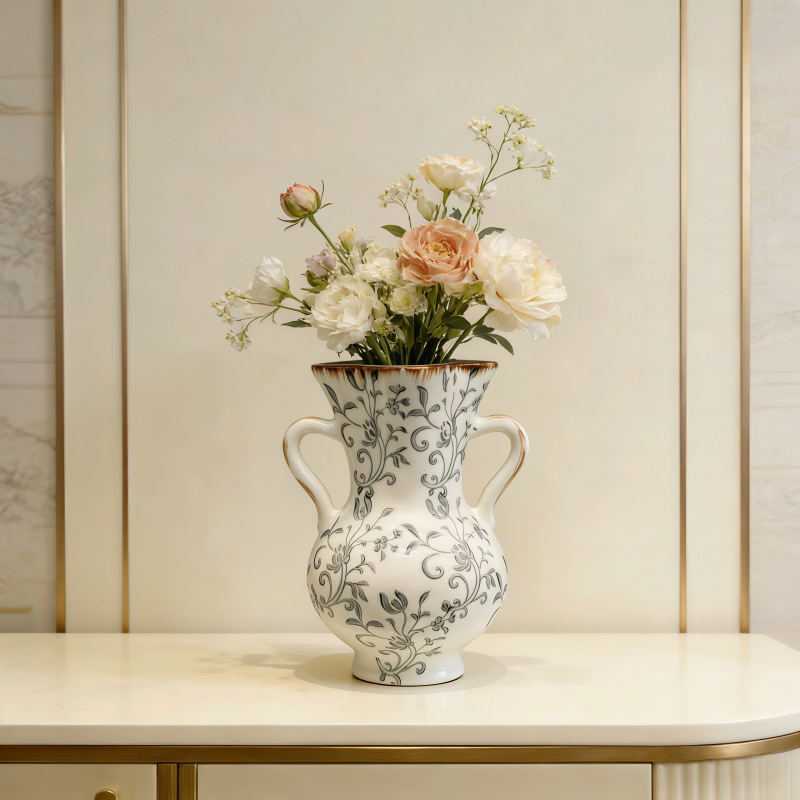 New Chinese-style blue and white porcelain ceramic water bottle vase, living room dining table flower arrangement decoration, homestay soft decoration item, ice crack ceramic vase details Picture
