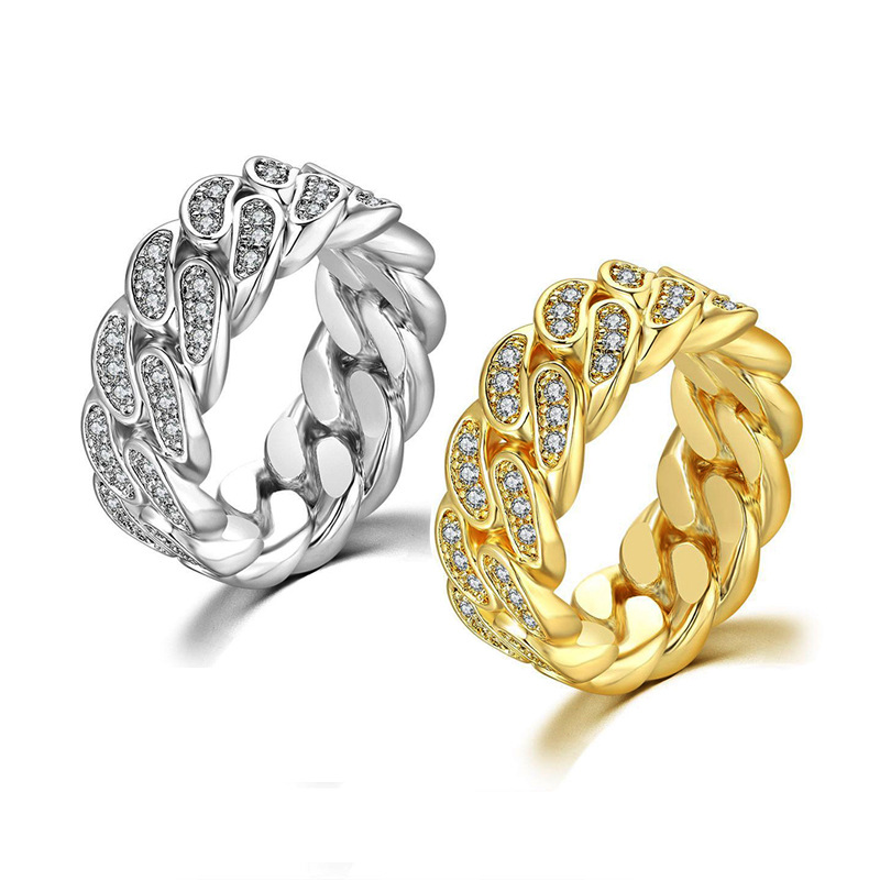 跨境专供新品欧美嘻哈锆石戒指男女古巴链指环ins风满钻饰品个性