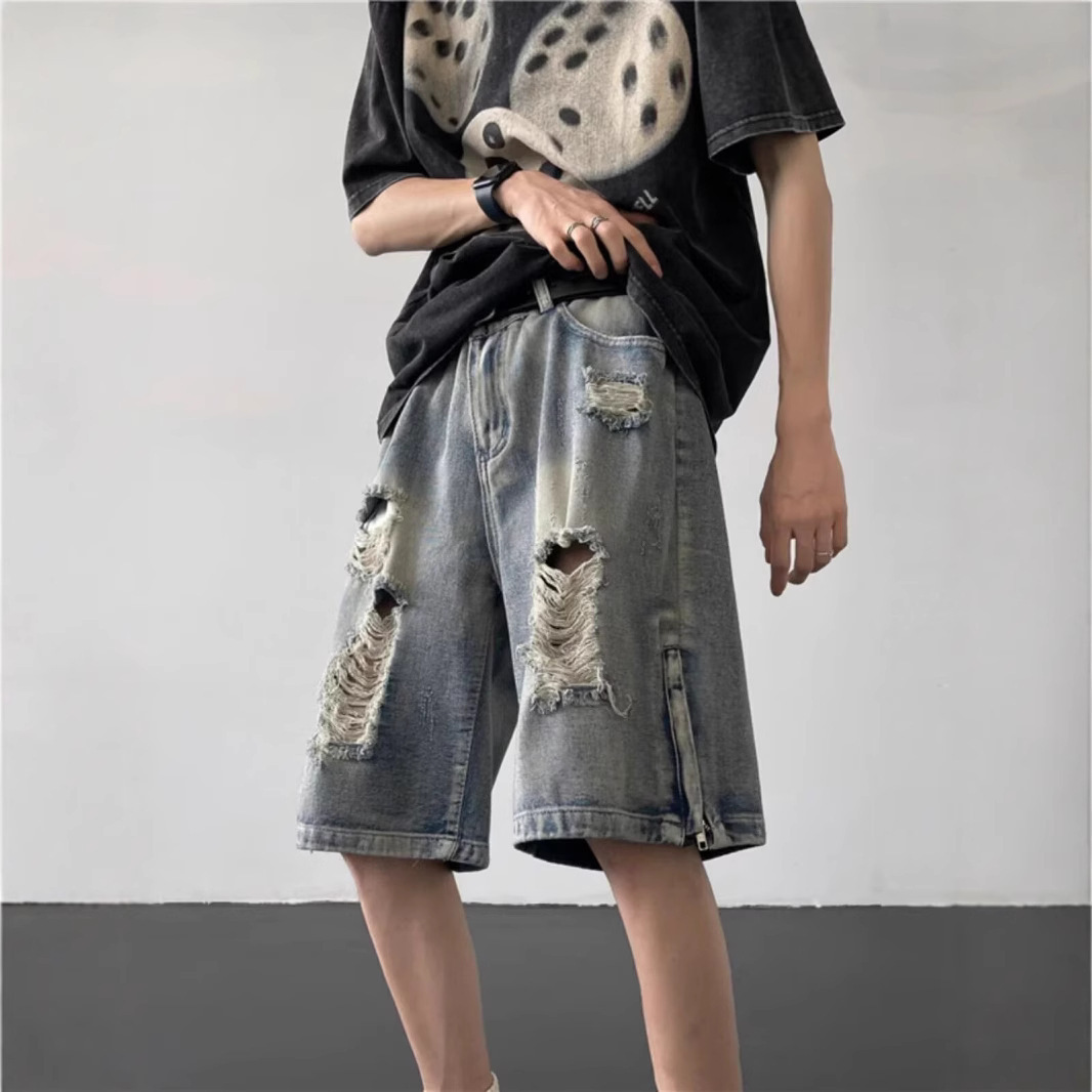 Ripped high street chic denim shorts for men, summer thin American-style zipper split loose straight-leg mid-length pants Application Scenario