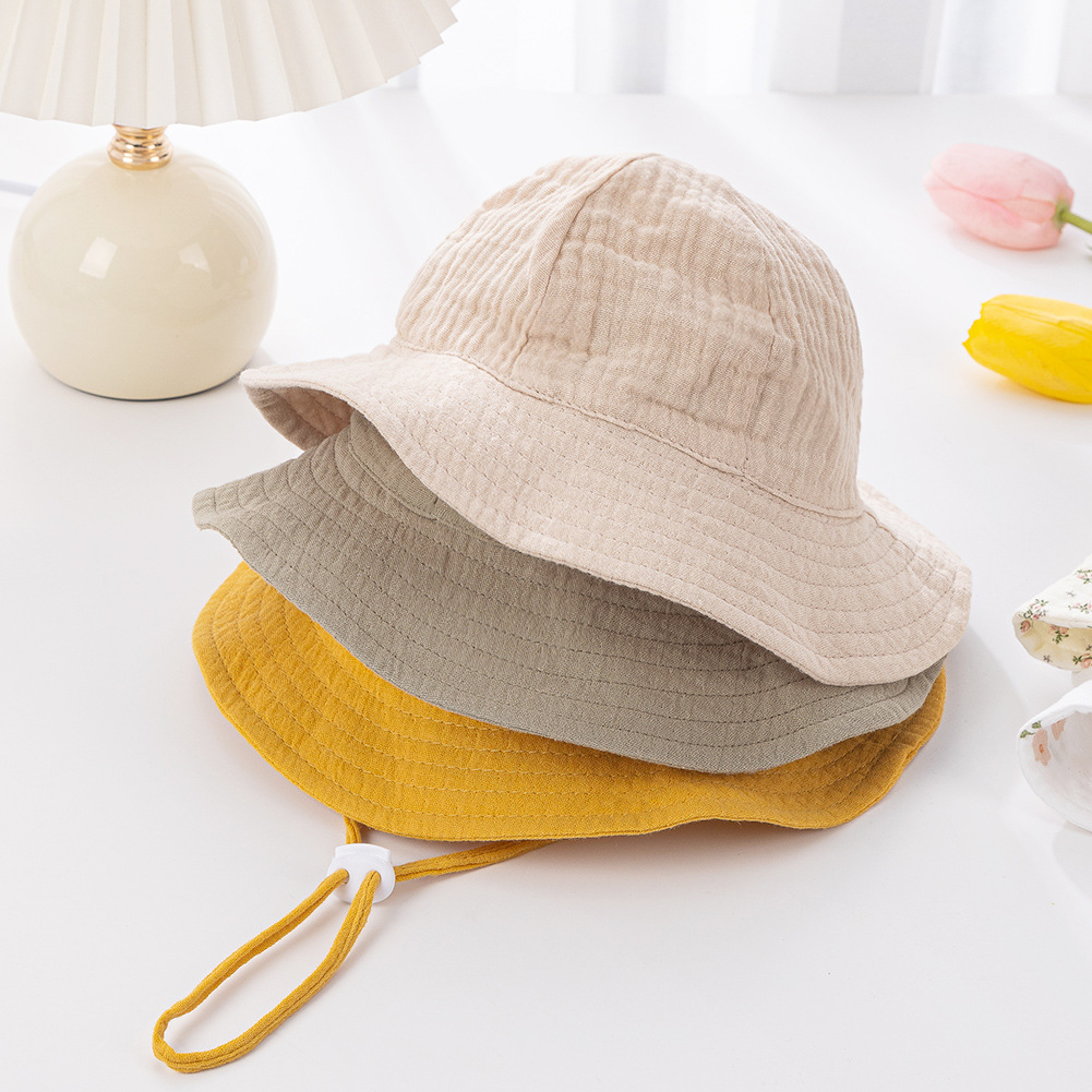 新款婴幼儿纯棉渔夫帽 纯色双层透气纱布遮阳帽可调节绳结渔天帽细节图