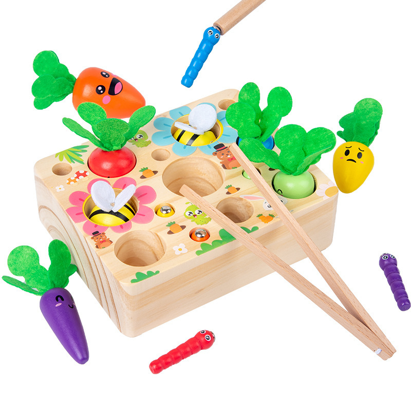 Children's radish pulling, bee picking, magnetic insect catching three-in-one parent-child interactive tabletop game, wooden toy gift Application Scenario