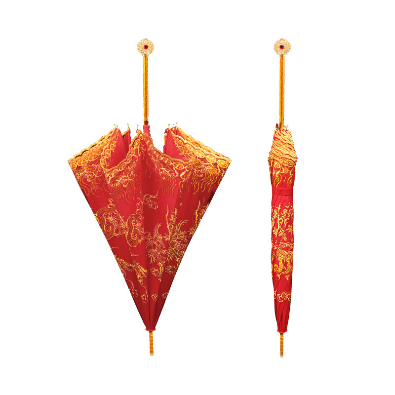 Chinese trend double-layer embroidery bridal umbrella, automatic red umbrella, Chinese-style wedding long-handled umbrella, bride's wedding celebration umbrella Item Picture