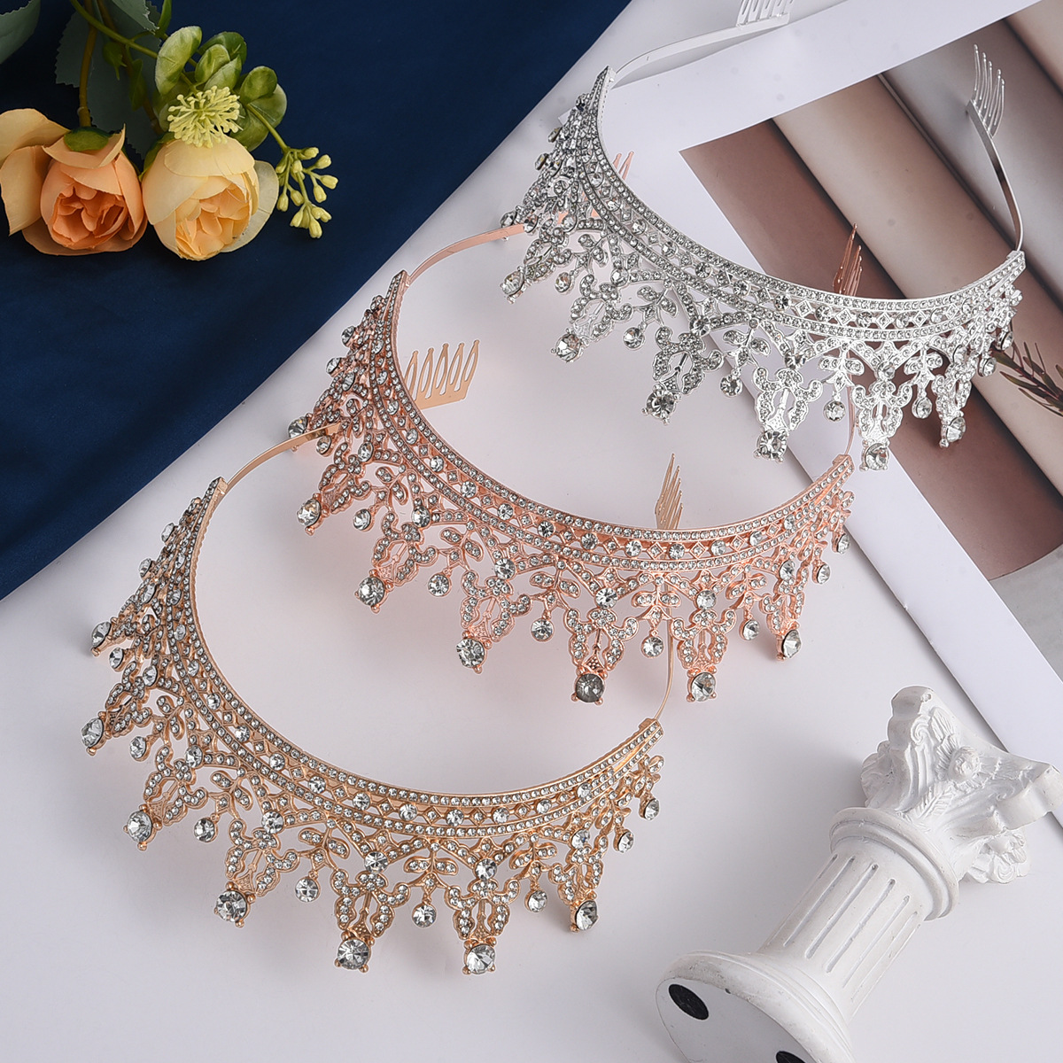 The bride's high-end crown headwear, full diamond large crown headwear, headband, Western-style bride wedding crown water diamond hair accessory Specification drawing