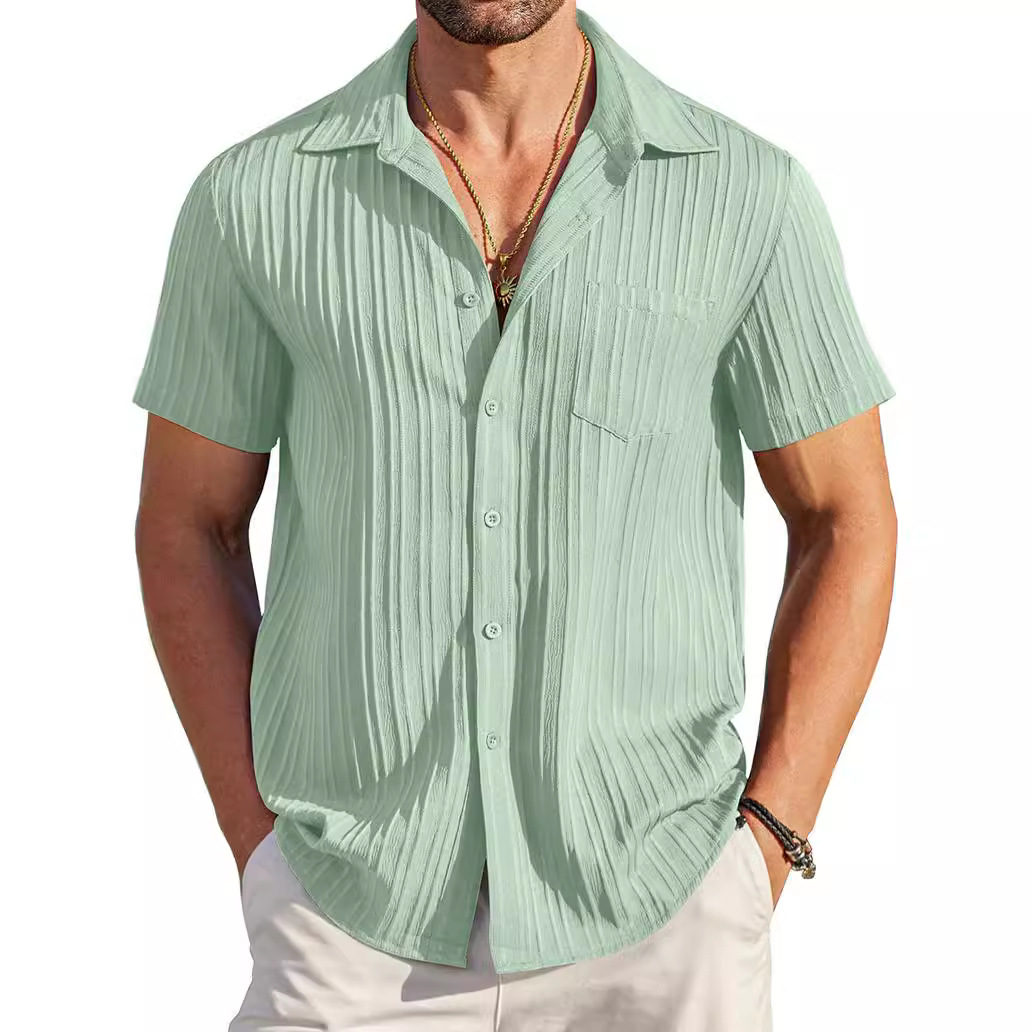 2026 Amazon Summer Lapel Solid color short-sleeved button-down shirt for men, versatile and casual for men full figure