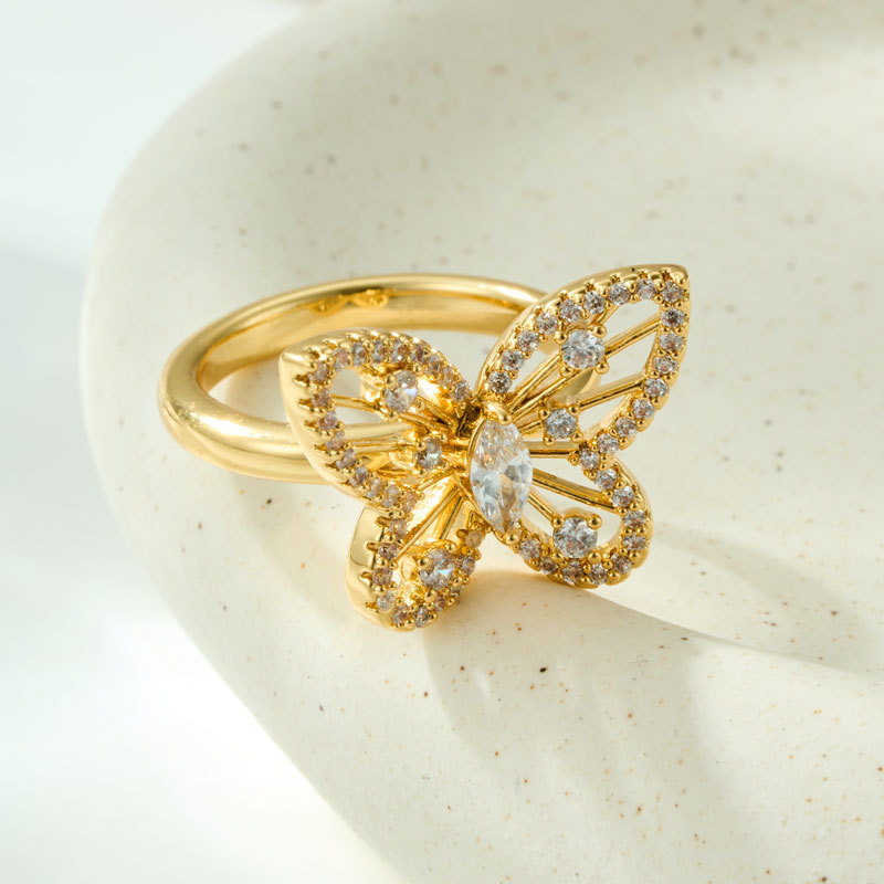 Fashionable, light luxury, dynamic butterfly opening ring, copper alloy, real gold electroplated, slightly inlaid zircon, exquisite adjustable ring