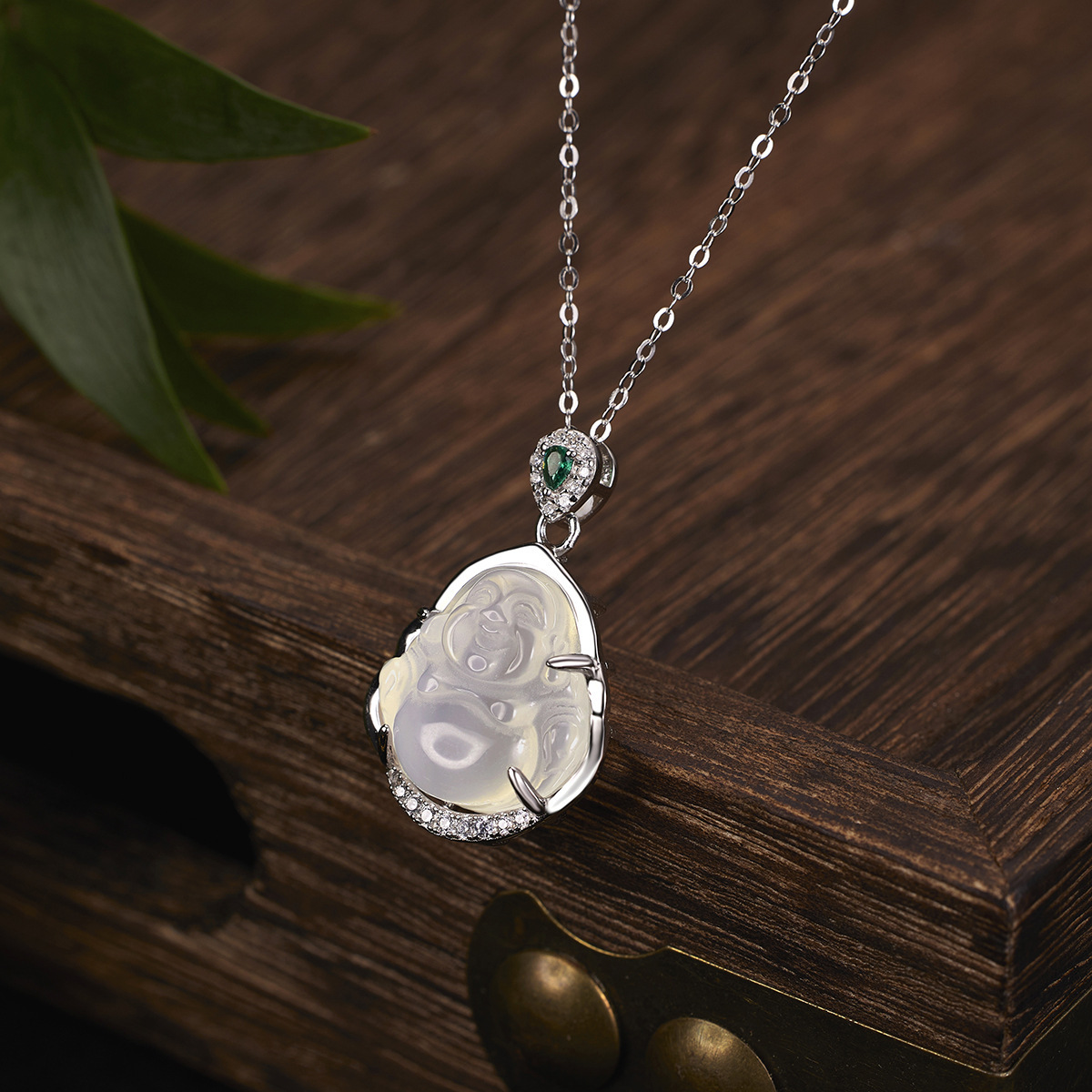 S925 Silver diamond-encrusted natural white chalcedine Maitreya Buddha Necklace for Women, New Chinese-style retro Buddha pendant collarbone chain details Picture