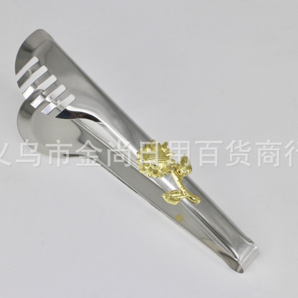New silver sunflower stainless steel outdoor barbecue tongs, buffet public food tongs, Western restaurant steak tongs