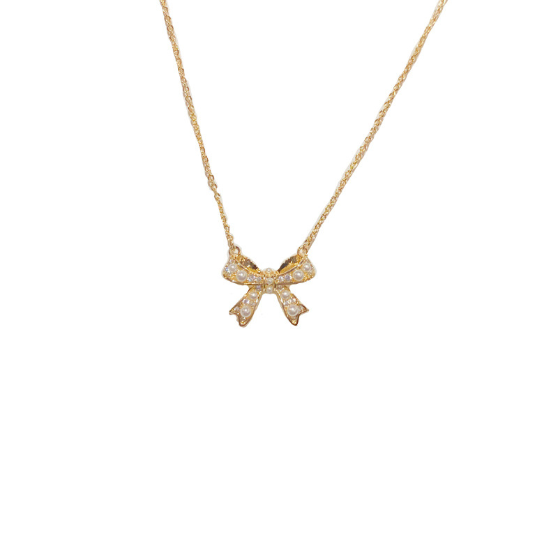 Zircon pearl bow necklace, a light luxury, niche and fashionable design for women, a collarbone chain, a versatile necklace accessory for Internet celebrities Item Picture