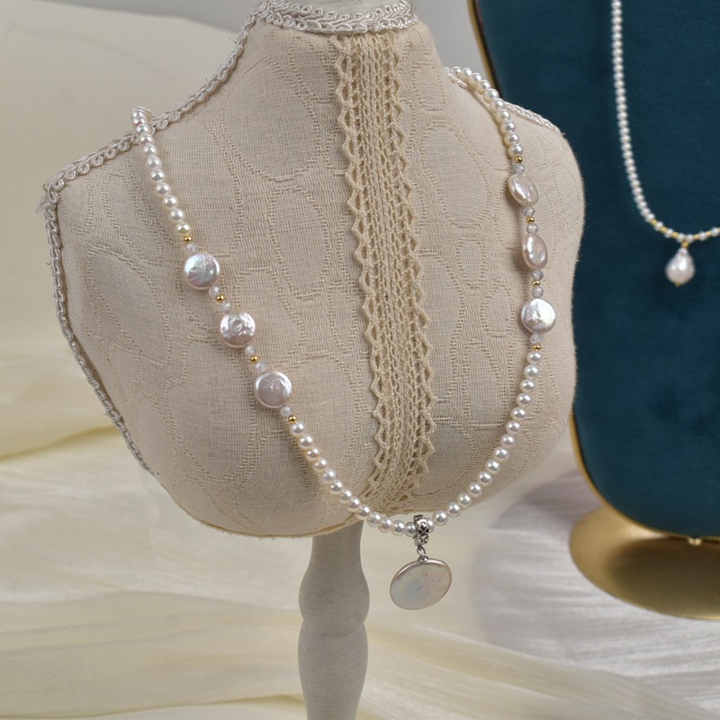 原创设计小众天然淡水近圆珍珠项链巴洛克纽扣珍珠吊坠秋冬毛衣链