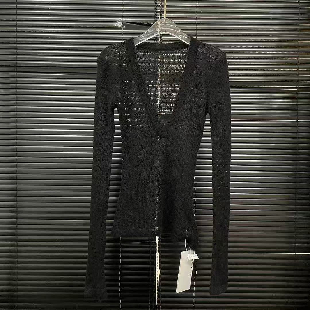Casual V-neck thin, slightly transparent long-sleeved knitted sweater for women, a unique and versatile layering top for spring and summer Casual V-neck thin, slightly transparent long-sleeved knitted sweater for women, a unique and versatile layering top for spring and summer