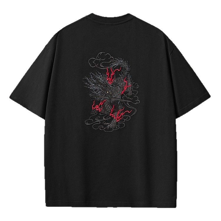 Wholesale of 260-gram heavy-duty pure cotton short-sleeved T-shirts for men with Chinese style embroidery and loose, large-sized men's clothing in summer 2025 Item Picture