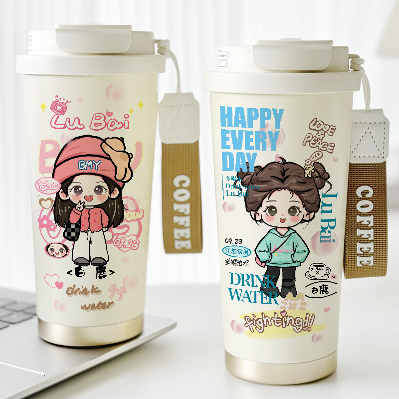 可爱卡通保温杯高颜值双饮真空咖啡杯陶瓷内胆水杯子