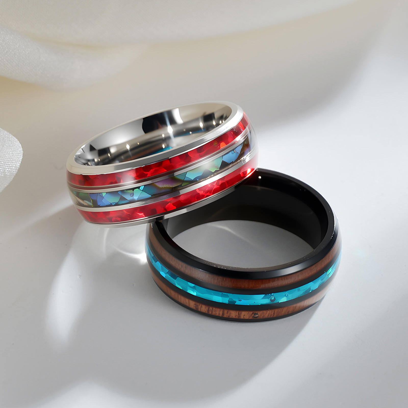 Cross-border Amazon 2024 new titanium steel jewelry inlaid with acacia wood imitation Australian abalone shell ring and bracelet wholesale Specification image